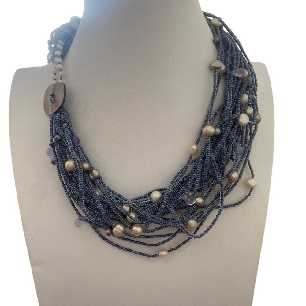 Vintage Tanner Chucnky multistrand necklace with freshwater pearls blue Iconic - Picture 4 of 16